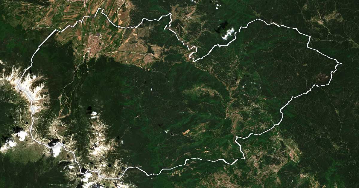 Imagen de satélite con el límite trazado: Bansko