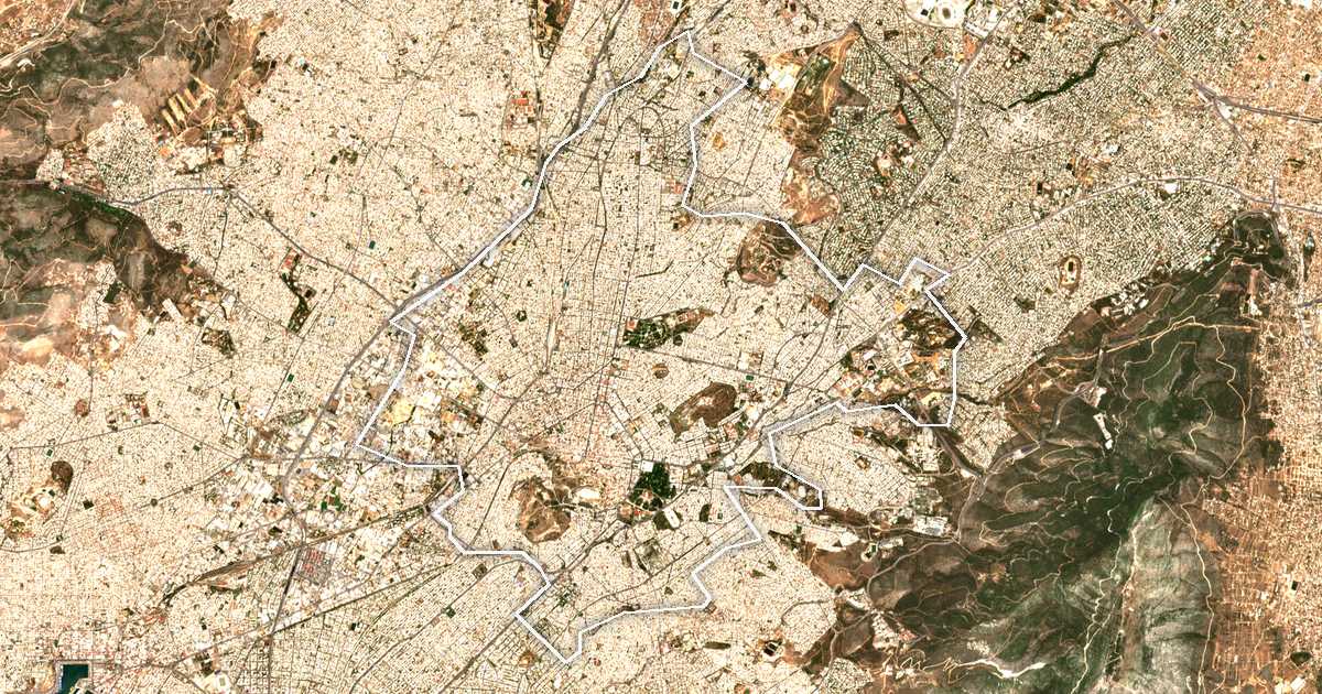Imagen de satélite con el límite trazado: Atenas