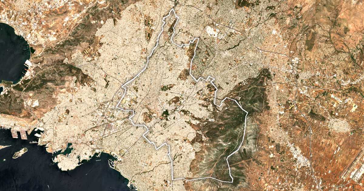 Imagen de satélite con el límite trazado: Unidad periférica de Atenas Central
