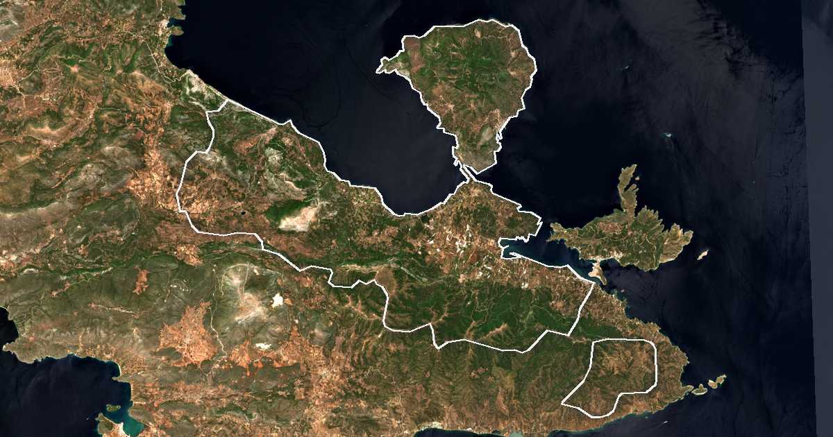 Imagen de satélite con el límite trazado: Dímos Troizinías