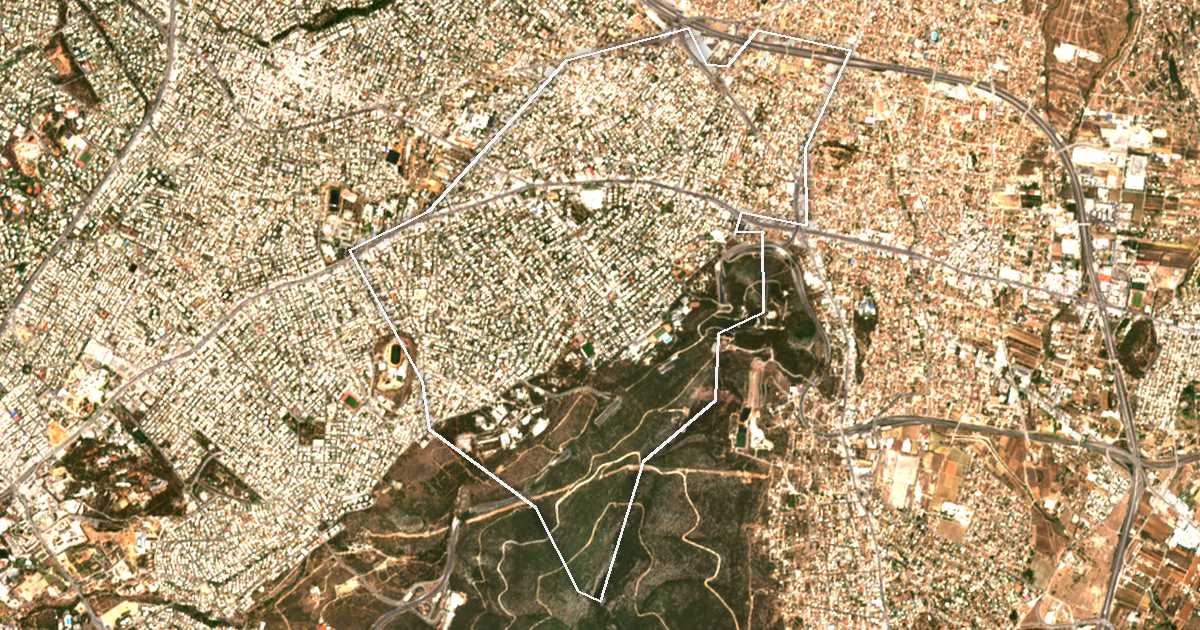 Imagen de satélite con el límite trazado: Dímos Agías Paraskevís