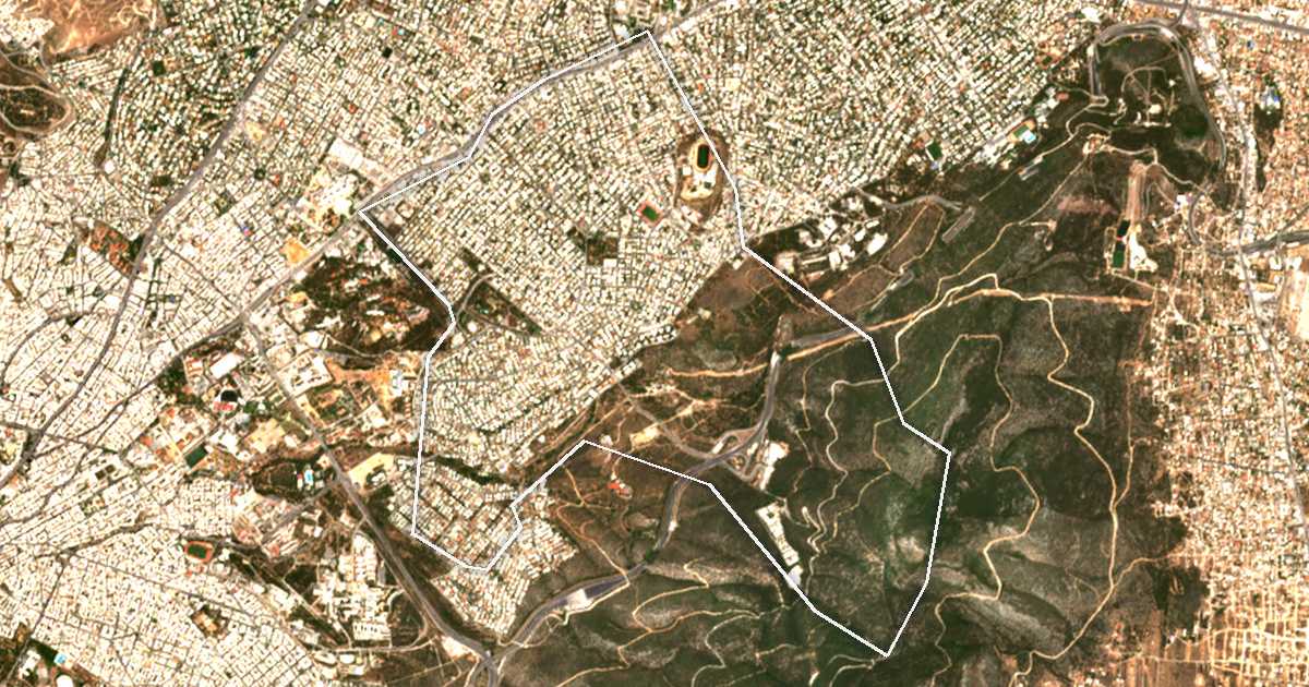 Imagen de satélite con el límite trazado: Dímos Papágou - Cholargoú