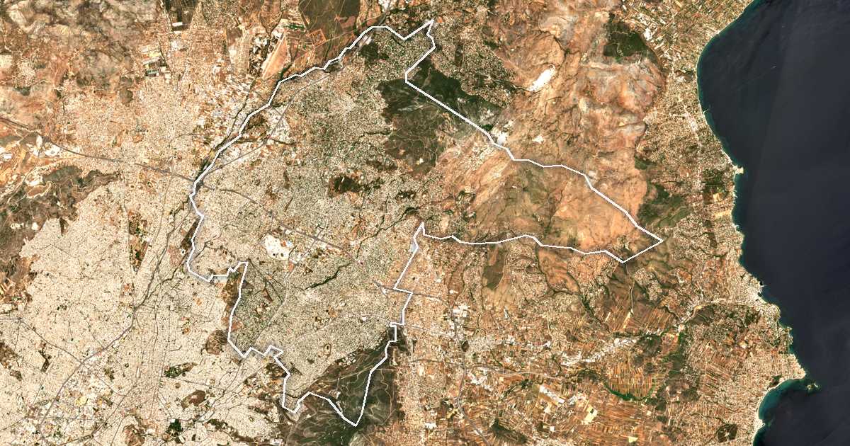 Imagen de satélite con el límite trazado: Unidad periférica de Atenas Septentrional