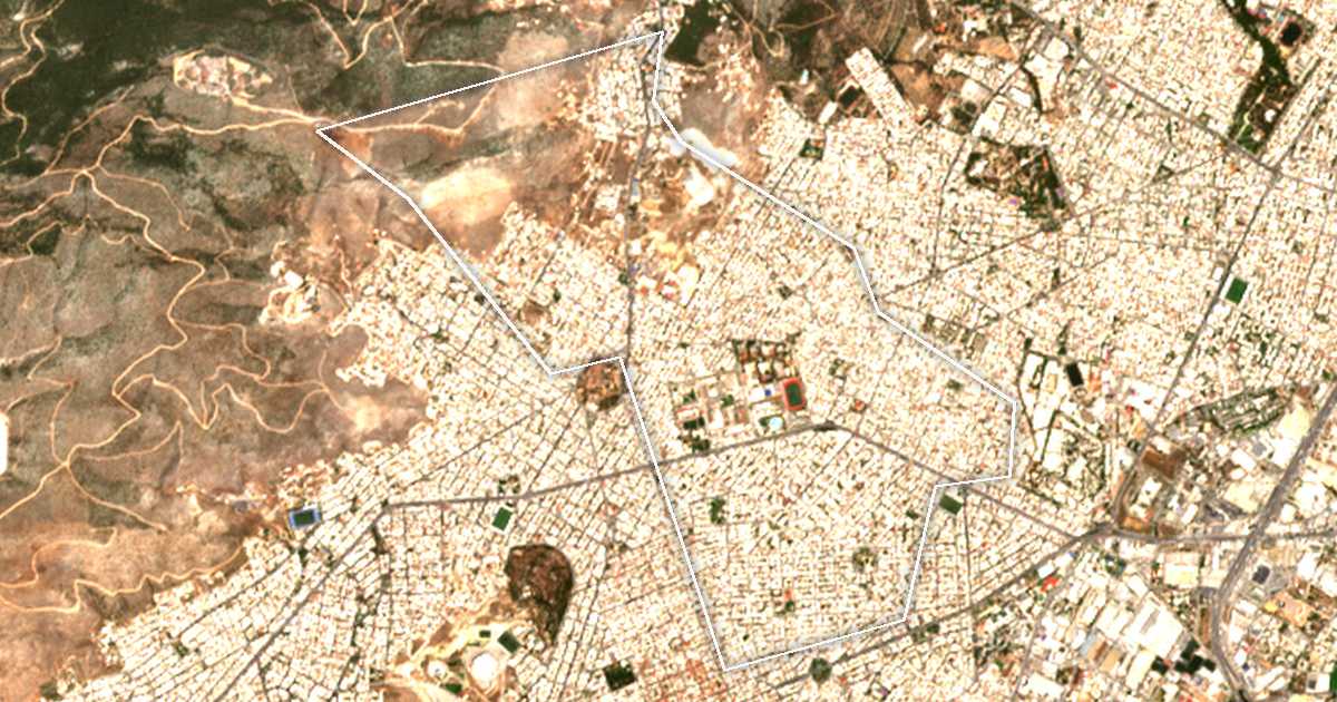 Imagen de satélite con el límite trazado: Dímos Korydalloú