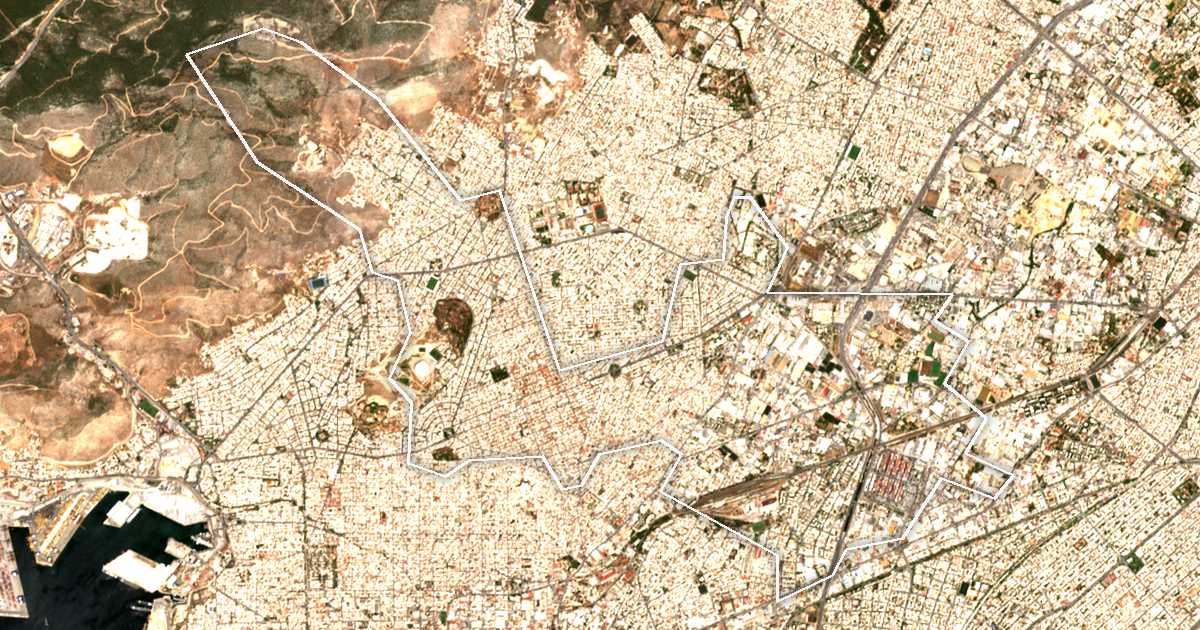 Imagen de satélite con el límite trazado: Dímos Níkaias - Agíou Ioánni Rénti