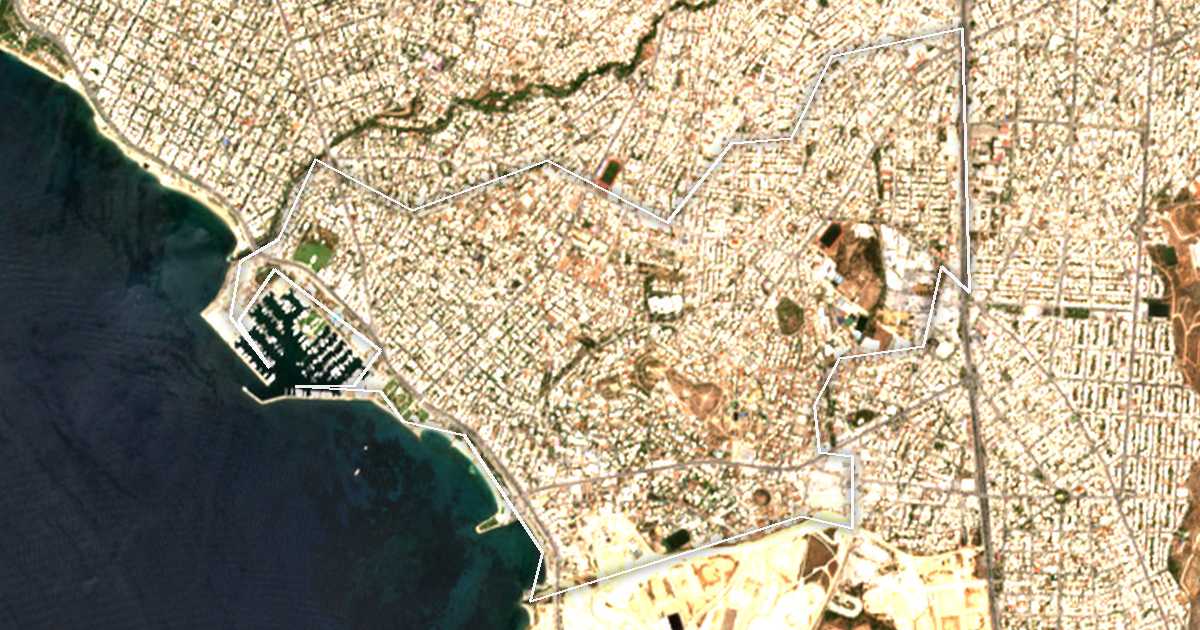 Imagen de satélite con el límite trazado: Dímos Alímou