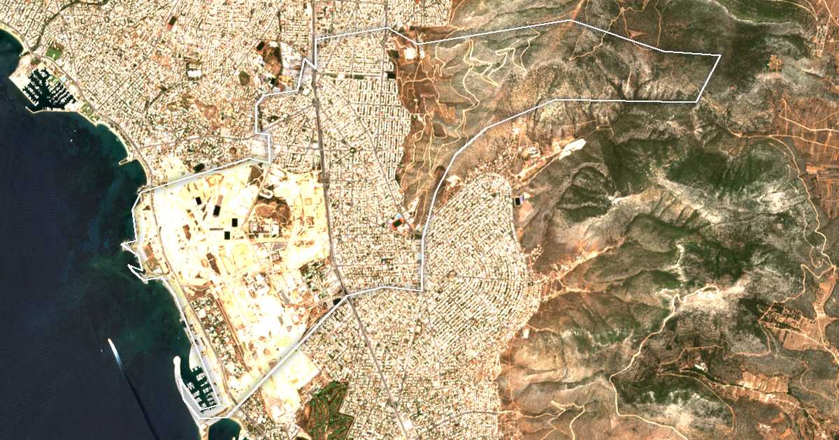 Imagen de satélite con el límite trazado: Dímos Ellinikoú - Argyroúpolis