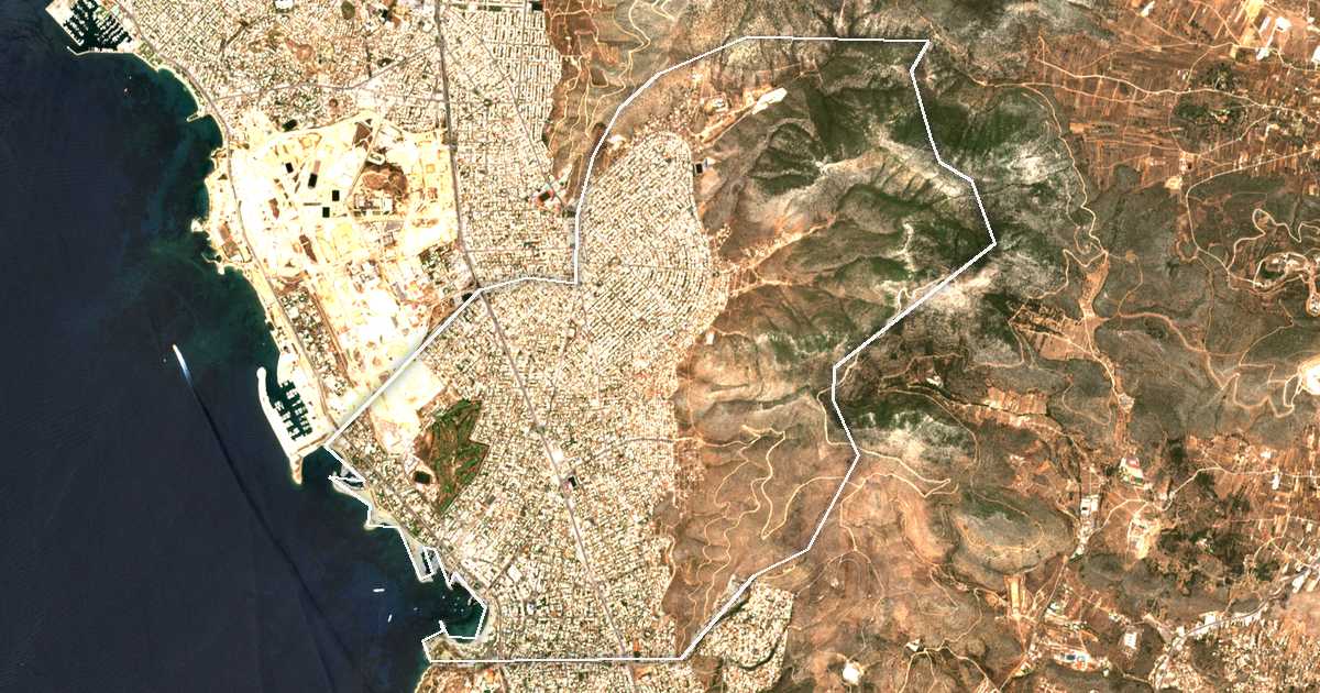 Imagen de satélite con el límite trazado: Glyfada