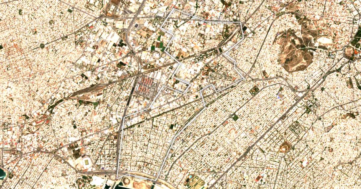 Imagen de satélite con el límite trazado: Dímos Moschátou - Távrou
