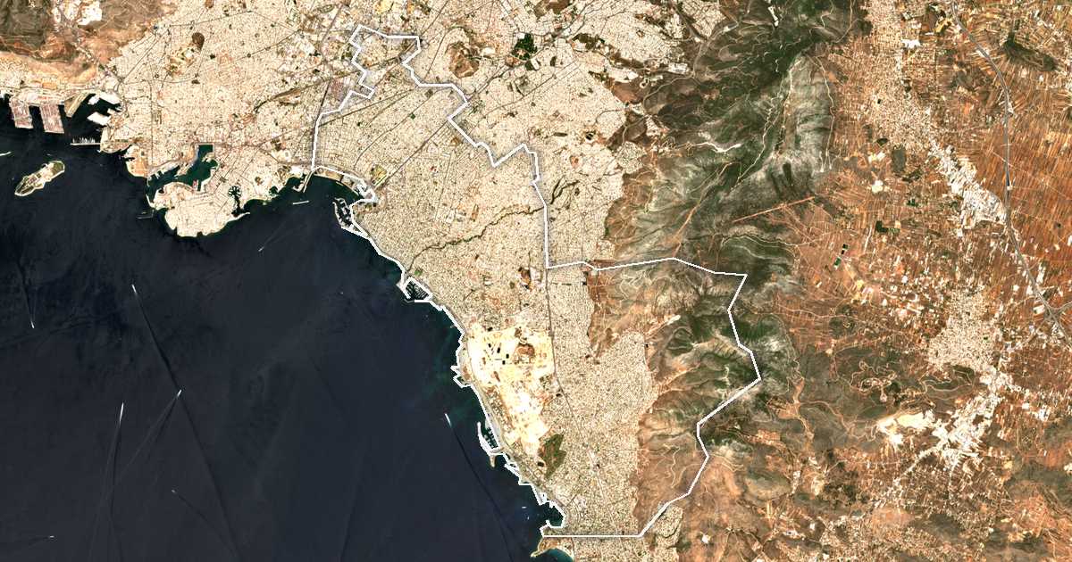 Imagen de satélite con el límite trazado: Unidad periférica de Atenas Meridional
