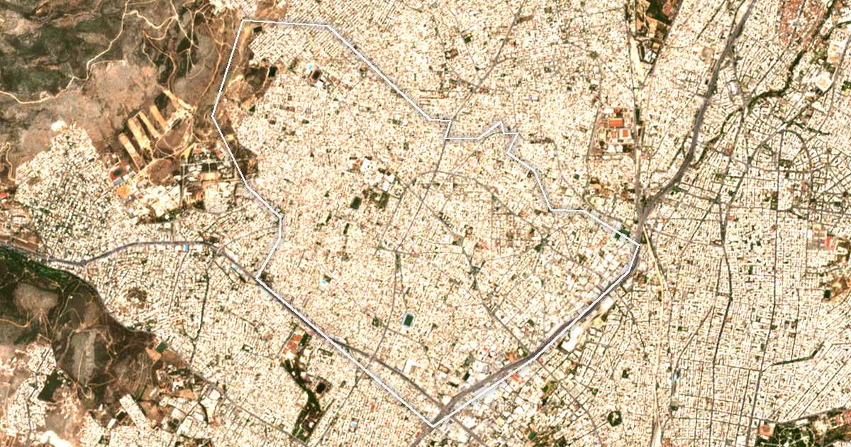 Imagen de satélite con el límite trazado: Peristeri