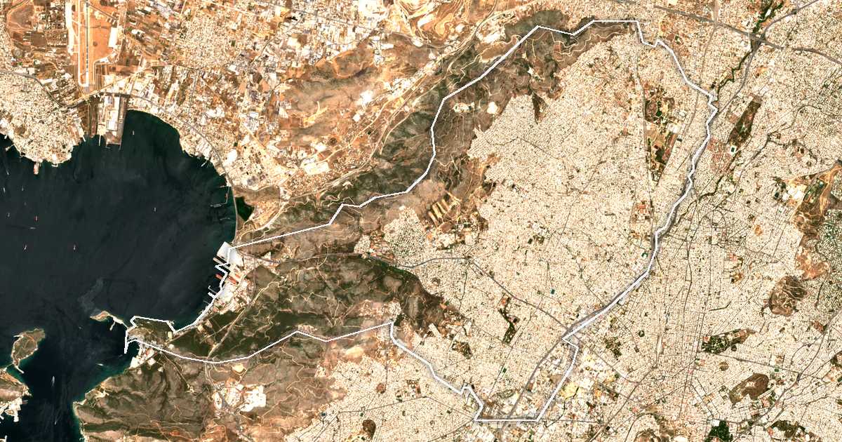 Imagen de satélite con el límite trazado: Unidad periférica de Atenas Occidental
