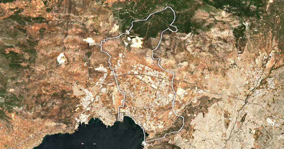 Imagen de satélite con el límite trazado: Dímos Aspropýrgou