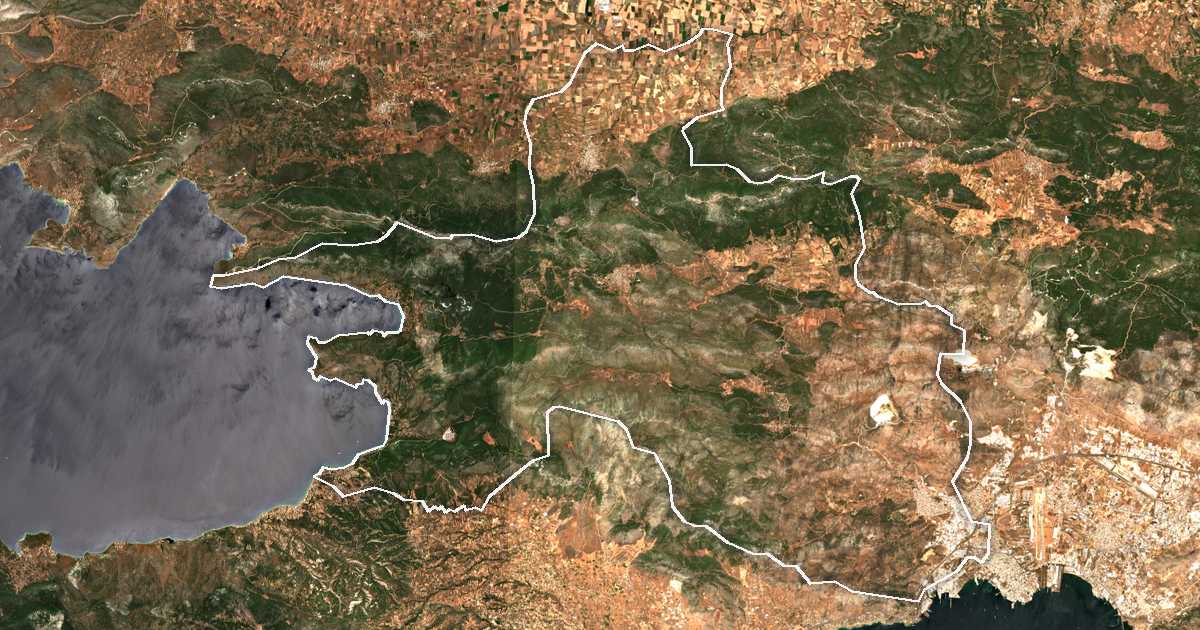 Imagen de satélite con el límite trazado: Dímos Mándras - Eidyllías