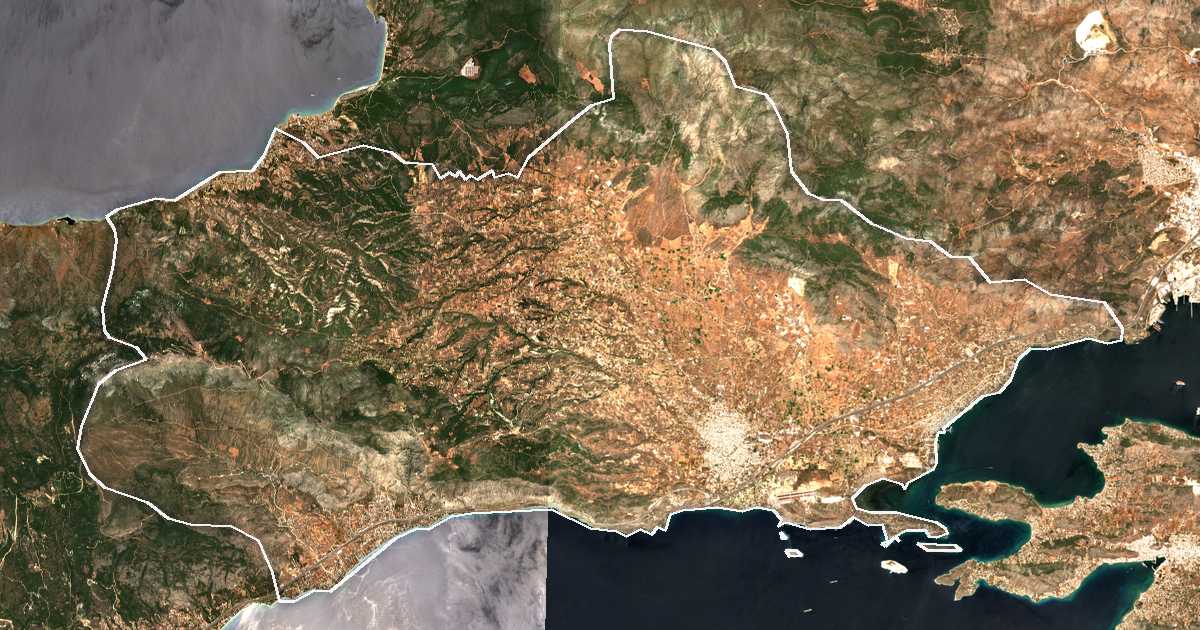 Imagen de satélite con el límite trazado: Dímos Megaréon