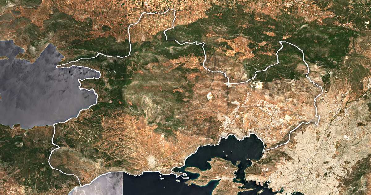Imagen de satélite con el límite trazado: Unidad periférica de Ática Occidental