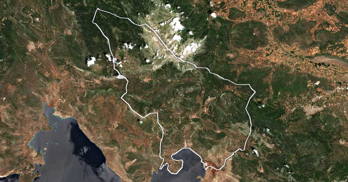 Imagen de satélite con el límite trazado: Dístomo-Arájova-Anticira