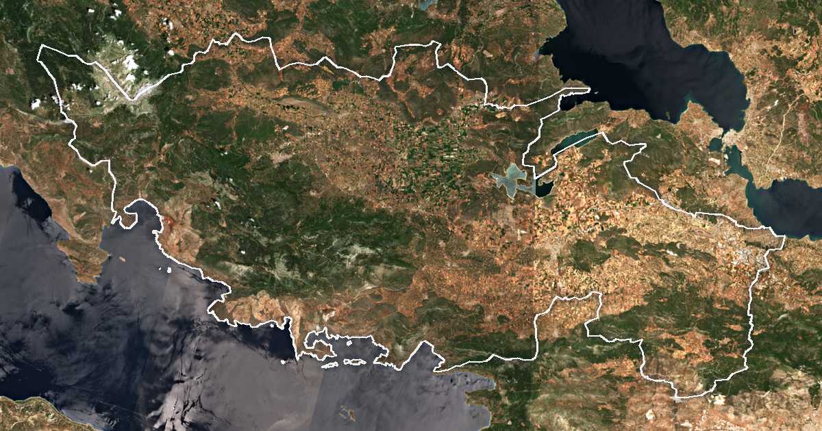 Imagen de satélite con el límite trazado: Unidad periférica de Beocia