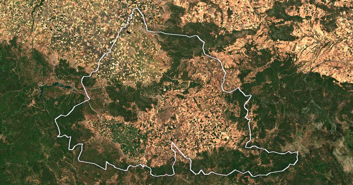 Imagen de satélite con el límite trazado: Dímos Domokoú