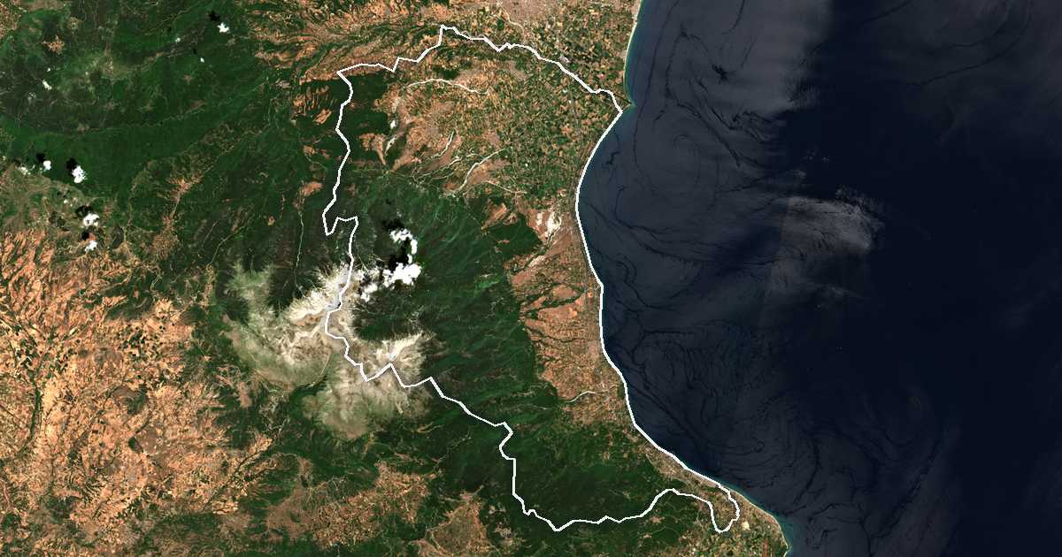 Imagen de satélite con el límite trazado: Dion-Olympos