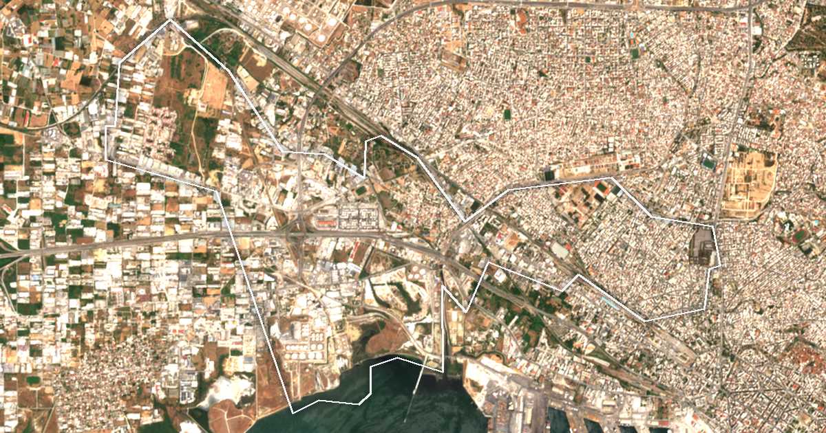 Imagen de satélite con el límite trazado: Ambelókipi-Menemeni