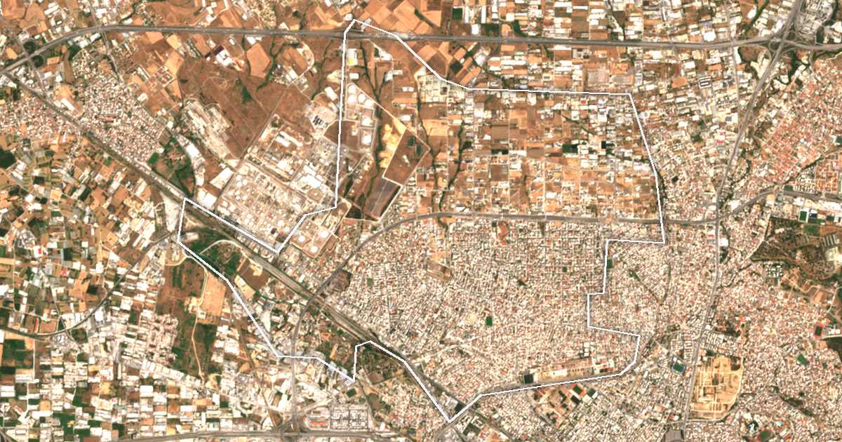 Imagen de satélite con el límite trazado: Kordelio-Evosmos