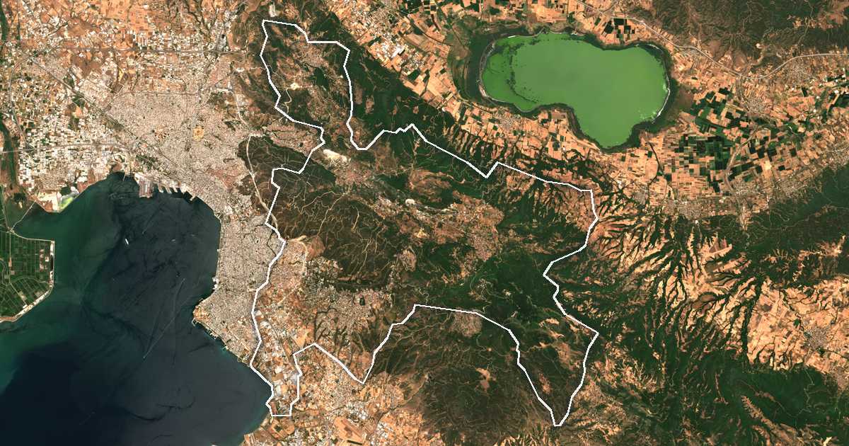 Imagen de satélite con el límite trazado: Pylea-Jortiatis