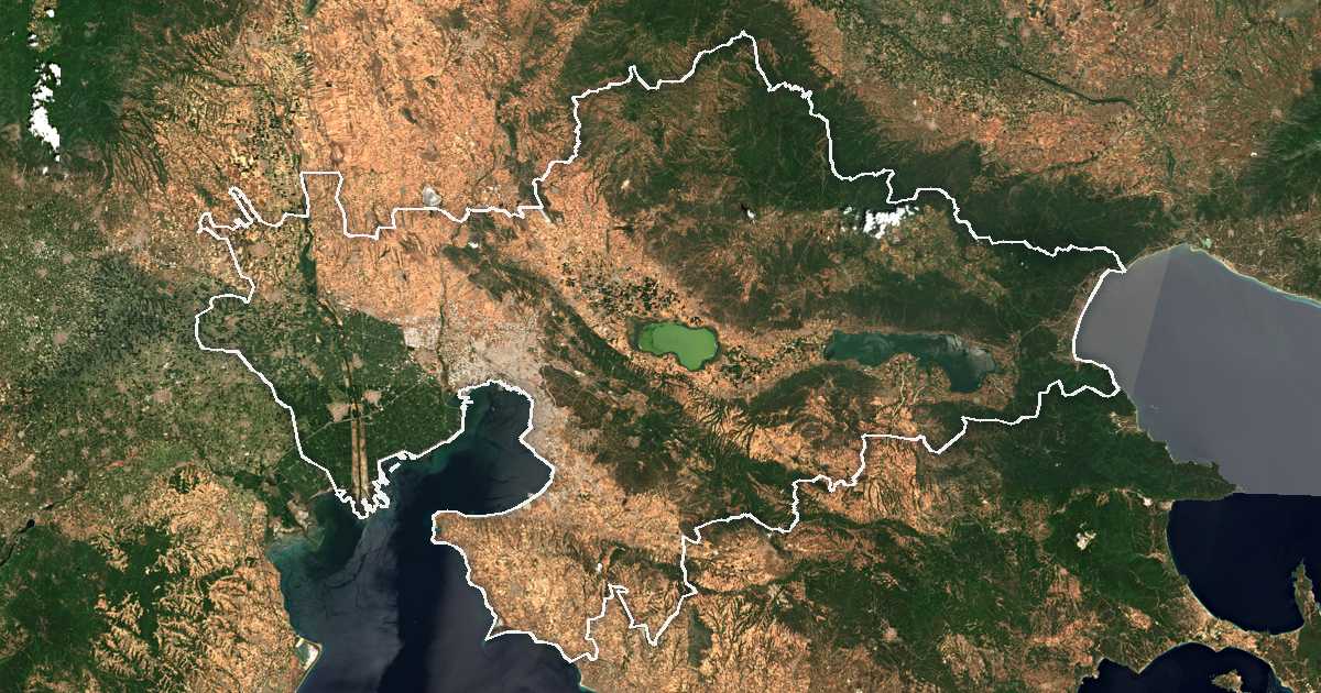 Imagen de satélite con el límite trazado: Unidad metropolitana de Tesalónica