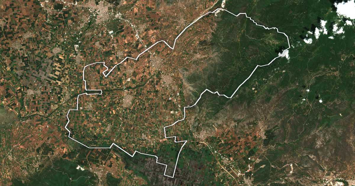Imagen de satélite con el límite trazado: Doxato