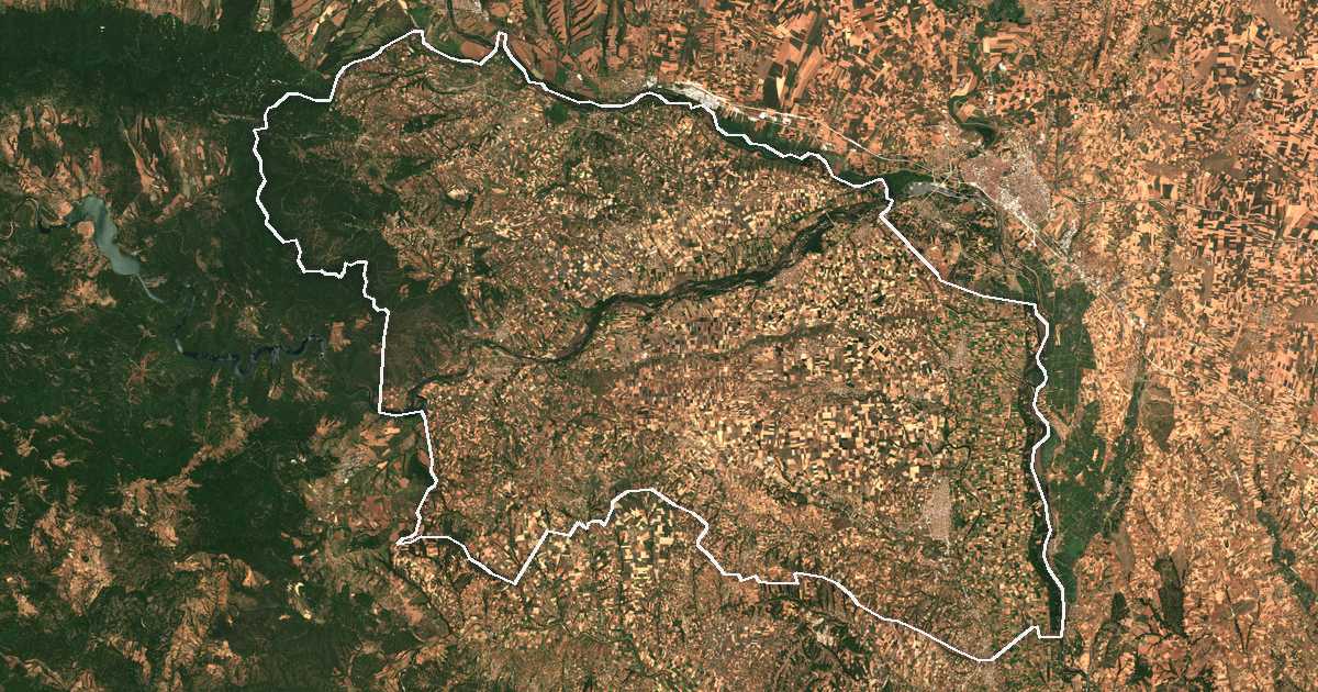 Imagen de satélite con el límite trazado: Dímos Orestiádas