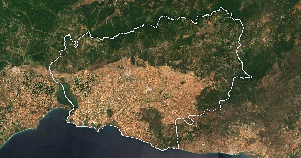Imagen de satélite con el límite trazado: Unidad periférica de Ródope