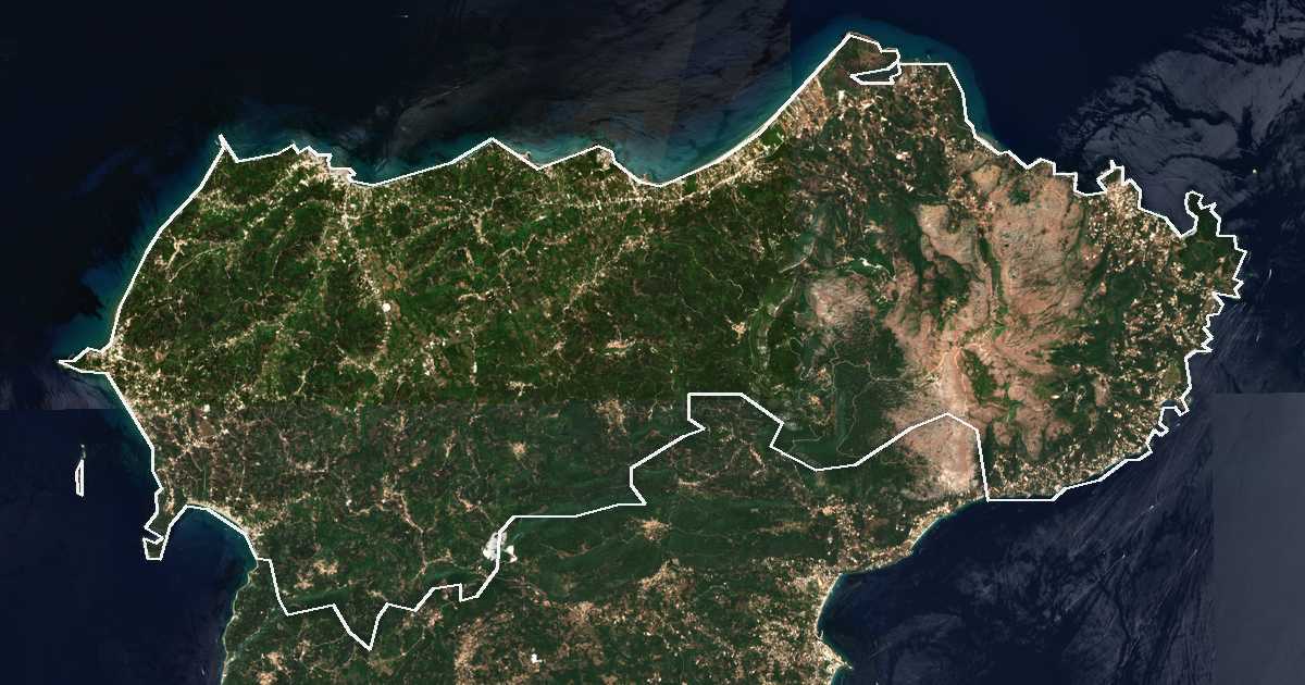 Imagen de satélite con el límite trazado: Dímos Vóreias Kérkyras