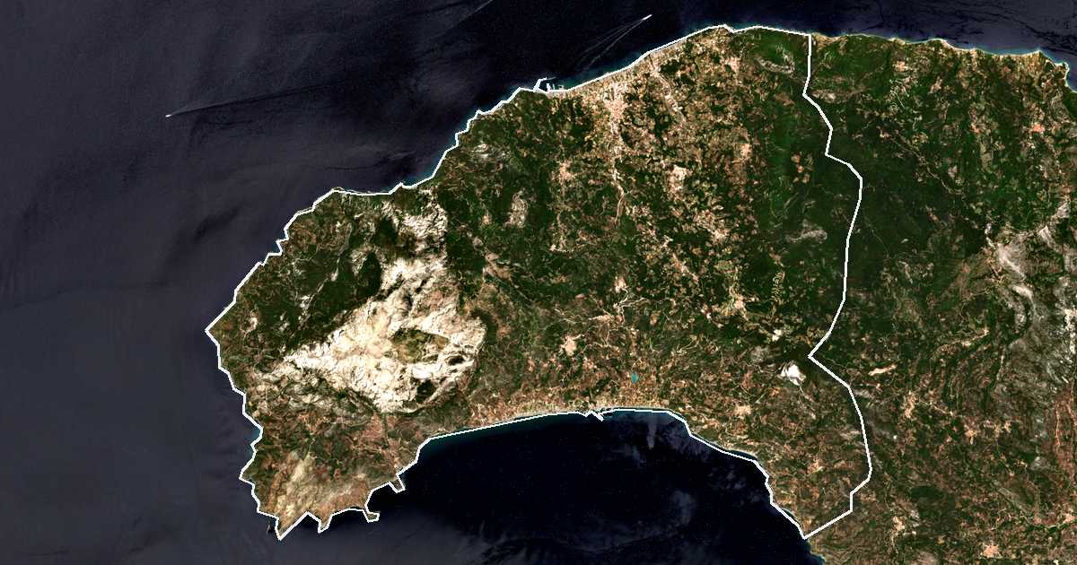 Imagen de satélite con el límite trazado: Dímos Dytikís Sámou